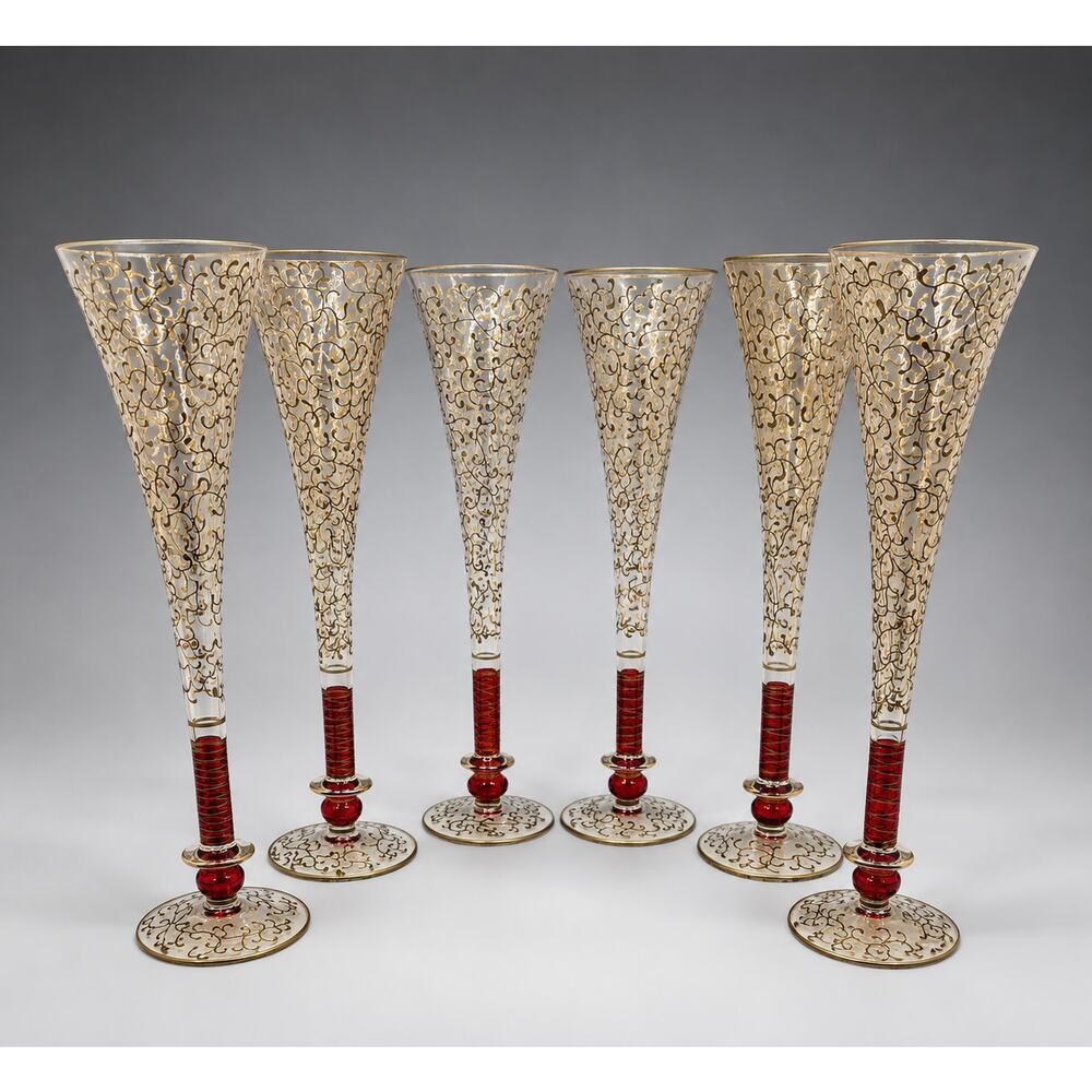 Pier 1 Fluted Champagne Glasses P1C8 Gold Filigree Red Stem Set of 6 Vintage